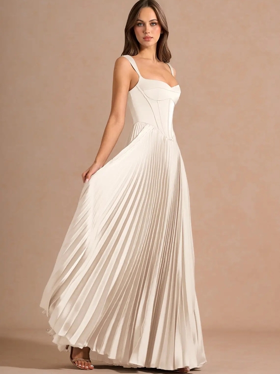 Azazie Dresses & Skirts - Azazie Ivory Pleated Maxi Dress with Corset Bodice